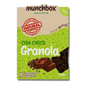 A green and tan 500g resealable bag of Munchbox Chia Choco Granola showing chocolate pieces and chia seeds.