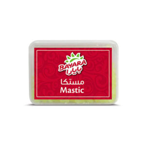 A 10g box of Bayara Gum Mastica featuring red branding and a clear view of the natural yellow resin tears.