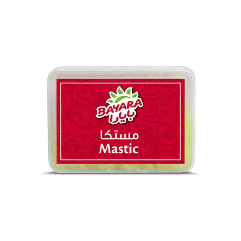 Gum Mastica 10g A 10g box of Bayara Gum Mastica featuring red branding and a clear view of the natural yellow resin tears.