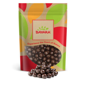 A 250g leafy-design resealable bag of Bayara Dark Chocolate Coated Hazelnuts showing glossy dark chocolate-covered nuts through a clear window.