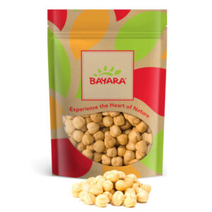 A 250g bag of Bayara Roasted Hazelnuts featuring a colorful leaf design and a window showing whole roasted kernels.