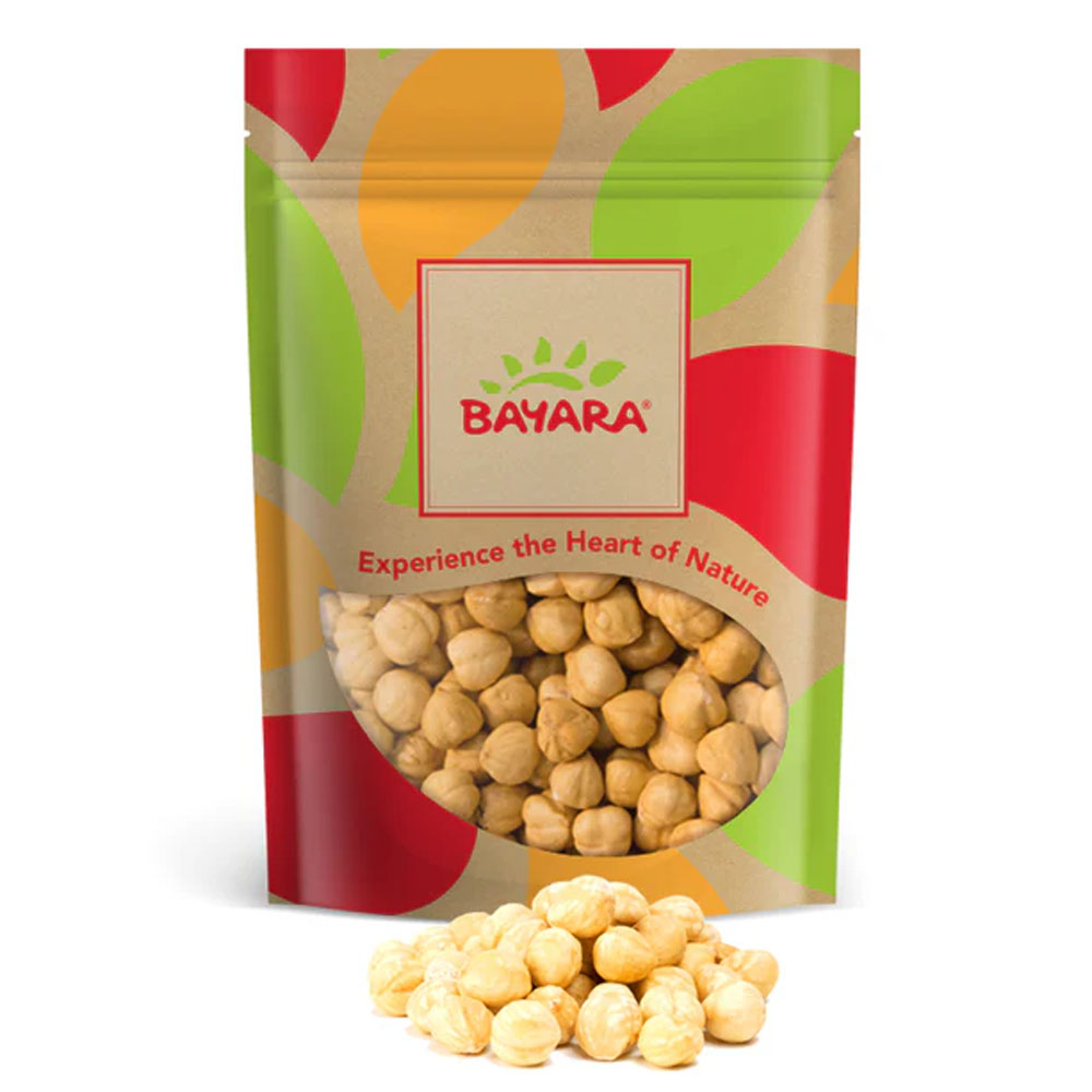 Hazelnuts Roasted (Unsalted) 250g A 250g bag of Bayara Roasted Hazelnuts featuring a colorful leaf design and a window showing whole roasted kernels.