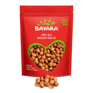 A 200g red pouch of Bayara Shelled Hazelnuts showing whole brown nuts through a heart-shaped window.