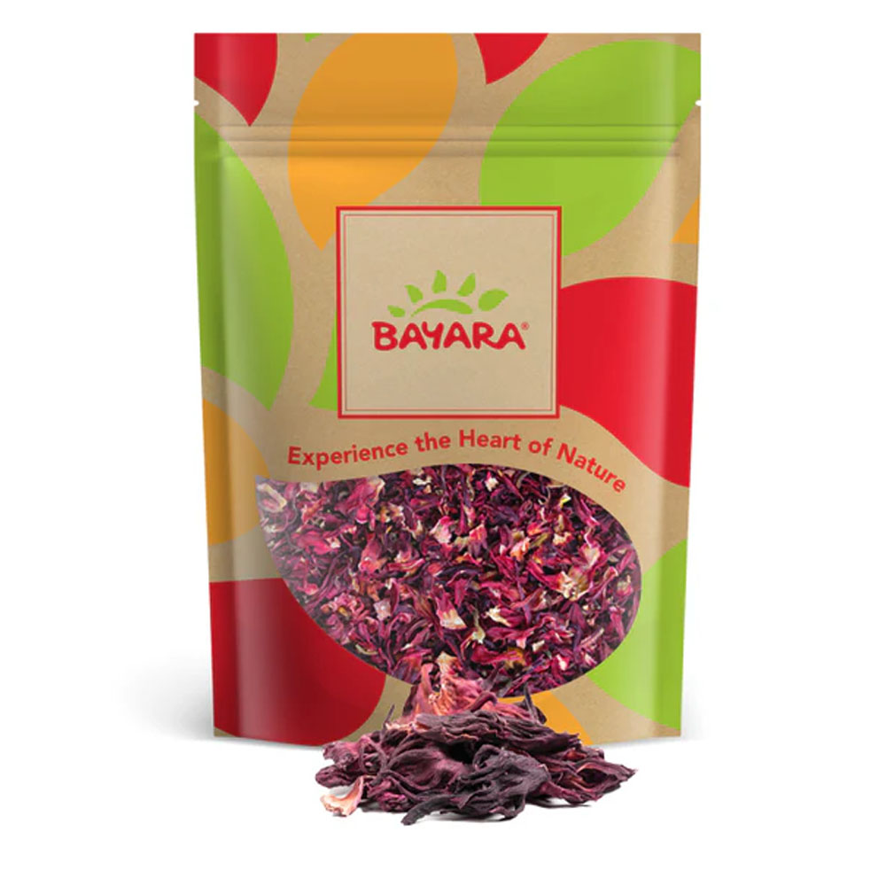 Hibiscus (Karkade) 100g A 100g colorful leafy-design bag of Bayara Hibiscus (Karkade) showing dried red petals through a heart-shaped window.