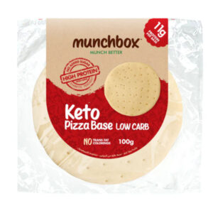 A 100g clear package containing two round Munchbox Keto Pizza Bases with a red and tan label.