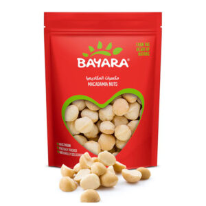 A red 200g resealable bag of Bayara Macadamia Nuts with a heart-shaped window showing round, creamy white nuts.