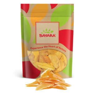 A 250g resealable pouch of Bayara Mango Sliced showing golden dried mango pieces through a window.