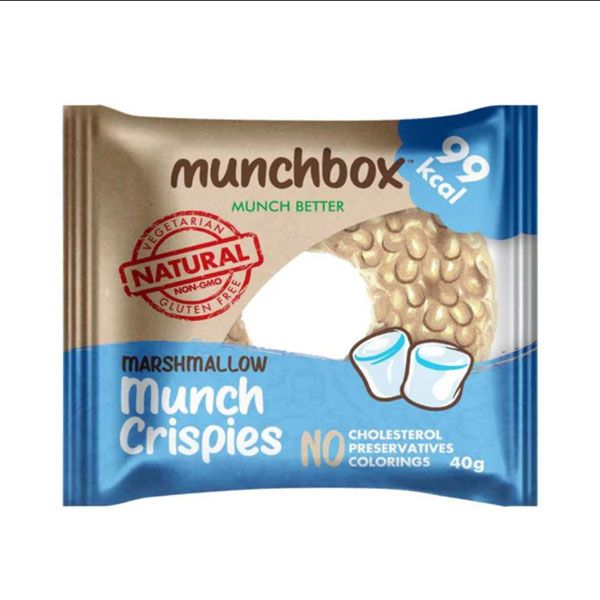 Marshmallow Munch Crispies A blue and gold 40g bag of Munchbox Marshmallow Munch Crispies showing a round crispy snack and marshmallows.