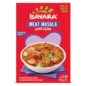 A 150g red box of Bayara Meat Masala featuring a purple heart design and a bowl of delicious meat curry.