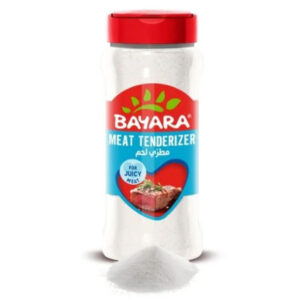 A 355g shaker bottle of Bayara Meat Tenderiser with a red lid and a blue label featuring a juicy steak