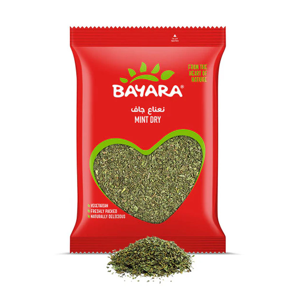 Mint Dry 100g A 100g red pack of Bayara Mint Dry showing green dried mint leaves through a heart-shaped window.