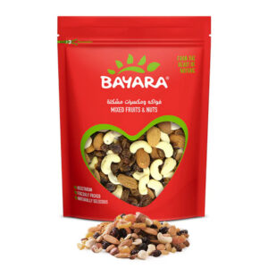 A red 200g resealable bag of Bayara Mixed Dried Fruits & Nuts with a heart-shaped window showing almonds, cashews, and raisins.