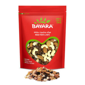 A red 400g resealable bag of Bayara Mixed Dried Fruits & Nuts with a heart-shaped window showing almonds, cashews, and raisins.