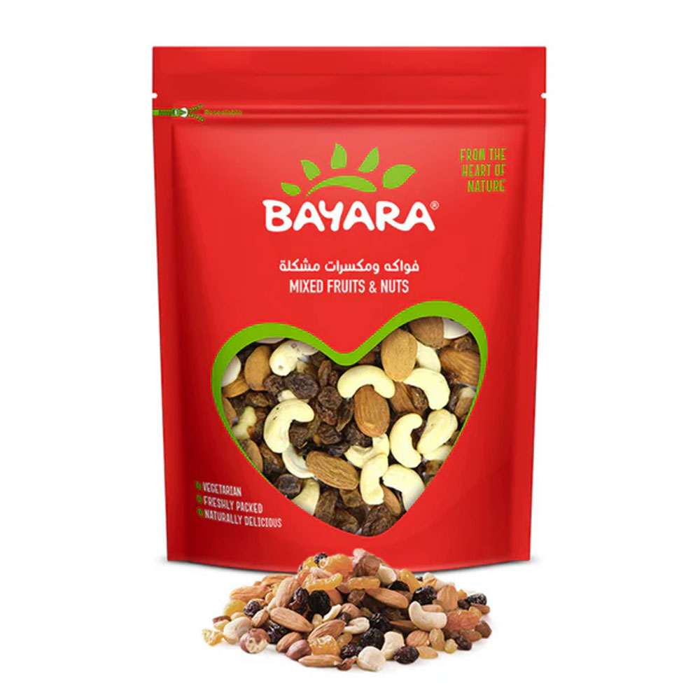 Mixed Dried Fruits & Nuts 400g A red 400g resealable bag of Bayara Mixed Dried Fruits & Nuts with a heart-shaped window showing almonds, cashews, and raisins.
