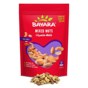 A 150g red resealable pack of Bayara Mixed Nuts showing roasted nuts through a heart-shaped window.