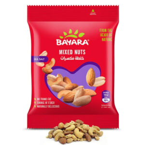 A 30g red pack of Bayara Mixed Nuts with Sea Salt showing roasted nuts through a purple heart-shaped window.