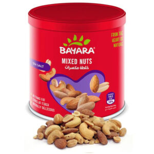 A 100g red resealable can of Bayara Mixed Nuts showing golden-roasted nuts through a heart-shaped window.