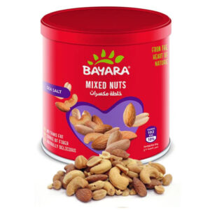 A red 225g can of Bayara Mixed Nuts with Sea Salt showing a variety of roasted nuts through a heart-shaped window.
