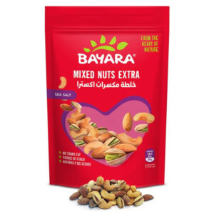A 300g red resealable bag of Bayara Mixed Nuts Extra showing roasted pistachios, cashews, and almonds.