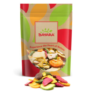 A 250g leafy-design resealable bag of Bayara Mixed Vegetable Chips Salted showing colorful veggie slices through a clear window.