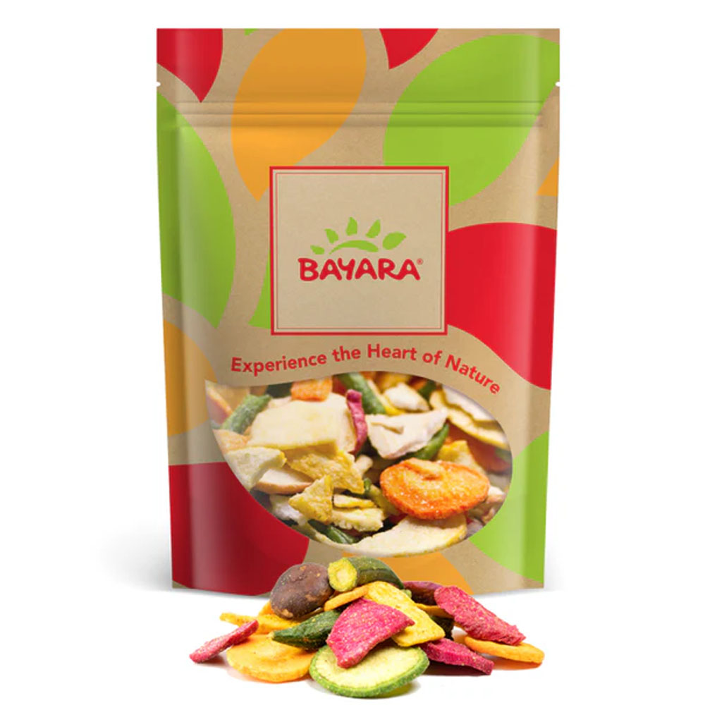 Mixed Vegetable Chips Salted 250g A 250g leafy-design resealable bag of Bayara Mixed Vegetable Chips Salted showing colorful veggie slices through a clear window.