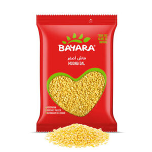 A 400g red bag of Bayara Moong Dal featuring a heart-shaped window showing clean, yellow split lentils.