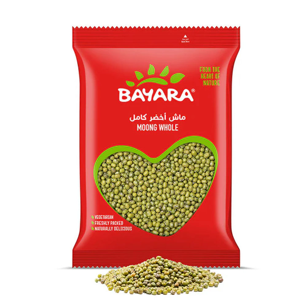 Moong Whole 1Kg A 1kg red bag of Bayara Moong Whole featuring a heart-shaped window showing premium green gram beans.