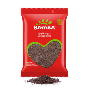 A 200g red bag of Bayara Mustard Seeds with a heart-shaped window showing high-quality whole seeds.