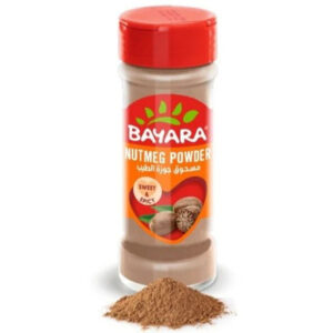 A 32g shaker bottle of Bayara Nutmeg Powder showing a pile of brown ground spice and whole nutmeg seeds on the label.