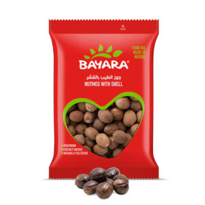 A 200g red pouch of Bayara Nutmeg with Shell showing whole brown nutmeg shells through a heart-shaped window.