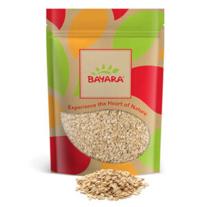 A 1kg leafy-design bag of Bayara Oats showing high-quality grain through a clear window.