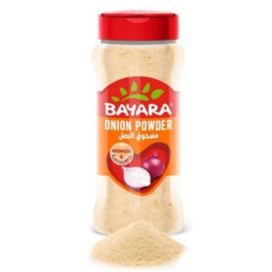 A clear 330ml shaker bottle of Bayara Onion Powder with a red lid and an orange label showing a red onion.