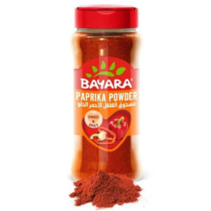 A 330ml (150g) shaker bottle of Bayara Paprika Powder featuring a vibrant red powder and a Sweet & Spicy label.