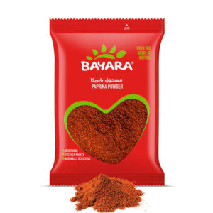 A 200g red bag of Bayara Paprika Powder with a heart-shaped window showing bright red ground spice.