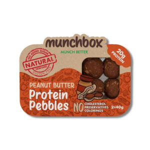 An orange and brown package of Munchbox Peanut Butter Protein Pebbles showing four round protein bites through a clear window.