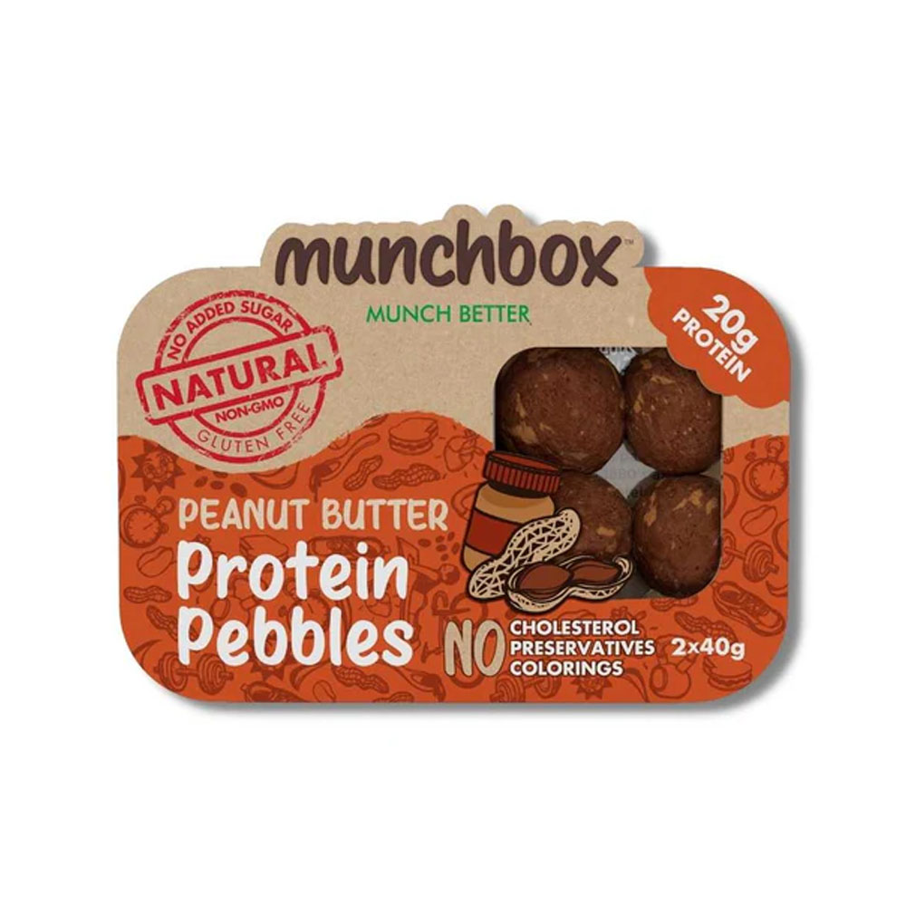Peanut Butter Protein Pebbles An orange and brown package of Munchbox Peanut Butter Protein Pebbles showing four round protein bites through a clear window.