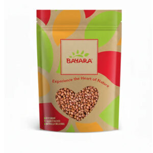 A 250g resealable pouch of Bayara Peanuts - India showing raw peanuts through a heart-shaped window.