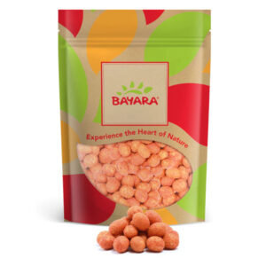 A 250g colorful pouch of Bayara Peanuts Krikri Chili showing orange-coated spicy peanuts through a window.