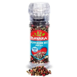 A 28g transparent grinder bottle of Bayara Peppercorn Mix showing colorful whole peppercorns inside.