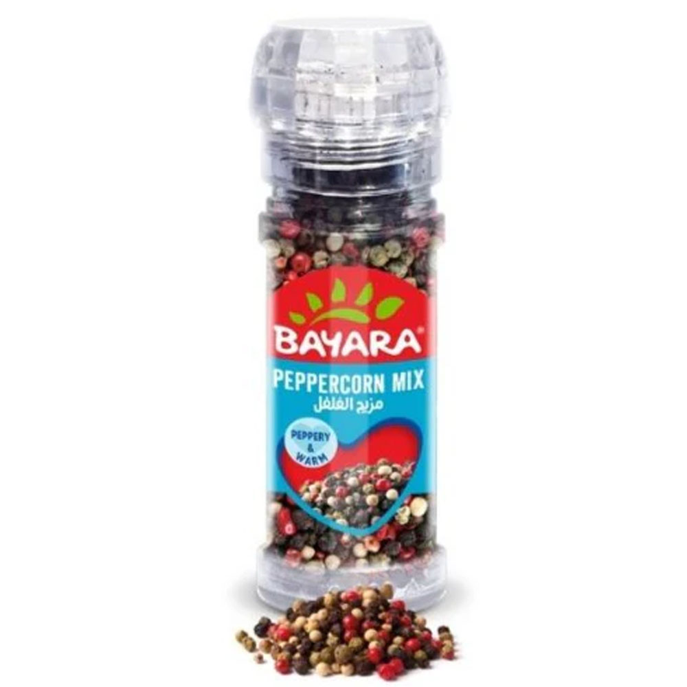 Peppercorn Mix Grinder 100ml (28g) A 28g transparent grinder bottle of Bayara Peppercorn Mix showing colorful whole peppercorns inside.