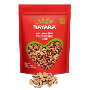 A red 200g pouch of Bayara Pistachio Kernels Jumbo with a heart-shaped window showing vibrant green shelled pistachios.