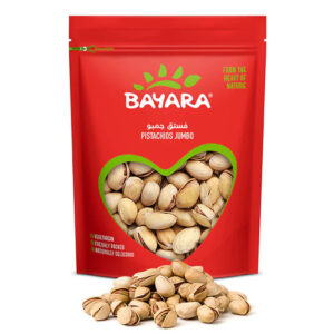 A red 400g resealable bag of Bayara Jumbo Pistachios with a heart-shaped window showing large, open pistachio shells.
