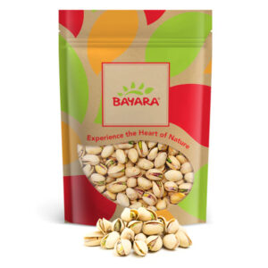 A 250g resealable bag of Bayara Pistachios Lemon Premium showing roasted pistachios through a clear window.