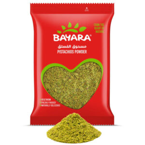 A 150g red pouch of Bayara Pistachios Powder showing fine green ground pistachios through a heart-shaped window.