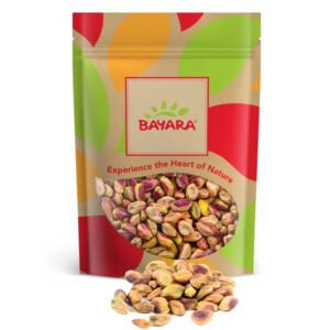 A 250g resealable pack of Bayara Roasted Unsalted Pistachios showing green kernels through a clear window.
