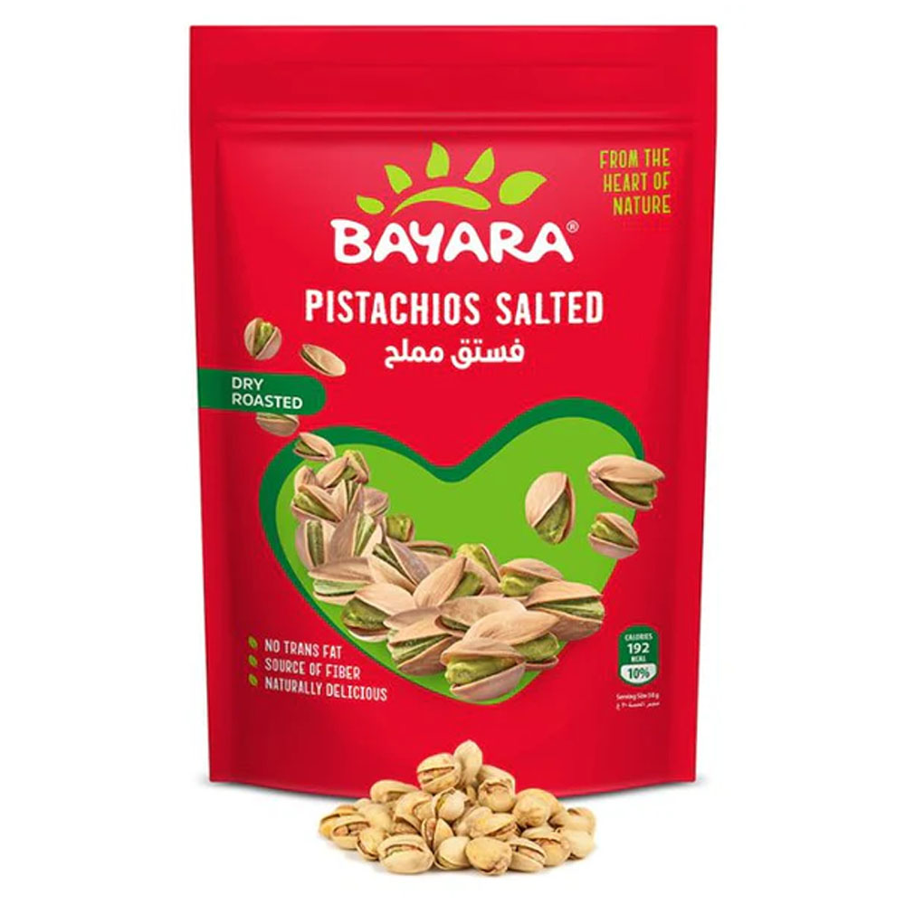 Pistachios Salted 300g A red 300g resealable bag of Bayara Pistachios Salted with a heart-shaped window showing roasted nuts in their shells.