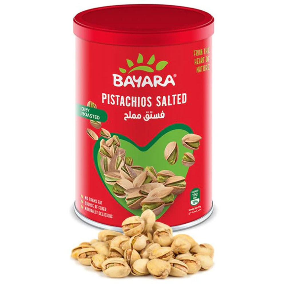 Pistachios Salted Can 400g A red 400g metal can of Bayara Salted Pistachios showing roasted nuts in their shells and a "Dry Roasted" label.