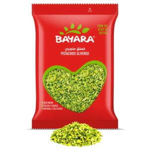 A 150g red bag of Bayara Pistachios Slivered with a heart-shaped window showing bright green sliced pistachios.