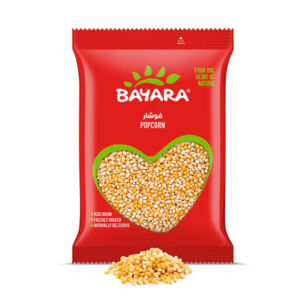 A 400g red bag of Bayara Popcorn showing golden corn kernels through a heart-shaped window.