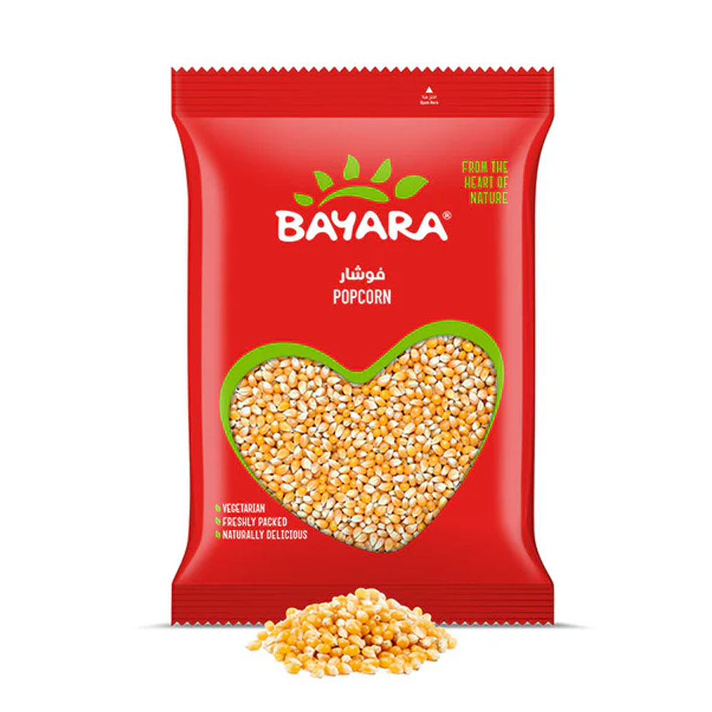 Popcorn 400g A 400g red bag of Bayara Popcorn showing golden corn kernels through a heart-shaped window.